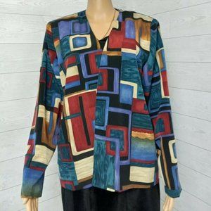 Vintage Nancy Womens 18 Abstract Blouse Open Jacket Casual Long Sleeve Black